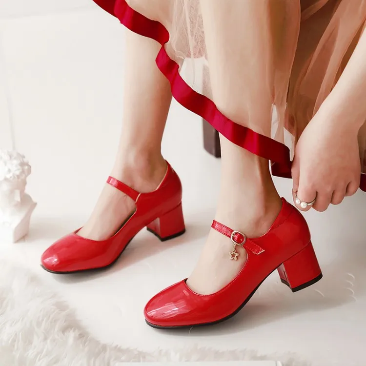 PXELENA/белые свадебные туфли для невесты; туфли mary jane с квадратным носком; туфли-лодочки из лакированной кожи на массивном каблуке средней высоты; женские туфли-лодочки; цвет черный, красный; коллекция года; сезон весна
