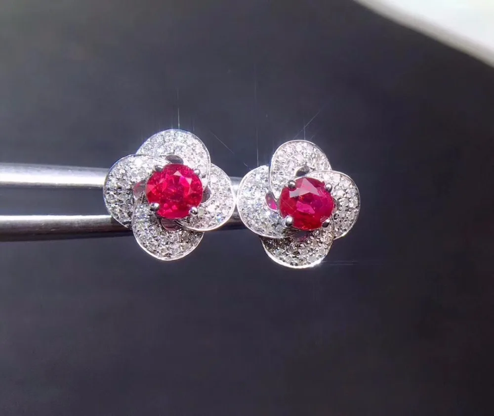 

Fine Jewelry Real 18 k White Gold AU750 100% Nature Unheat pigeon blood red Ruby Female Earrings Fine Gift women Stud Earrings