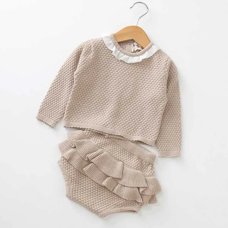 Baby knitting Clothing Sets Two Girls Suit Knit 0-2 Year Cotton Baby Long Sleeve Blouse+ Lotus Leaf Shorts Baby Clothing Set - Цвет: B83S04 Gary