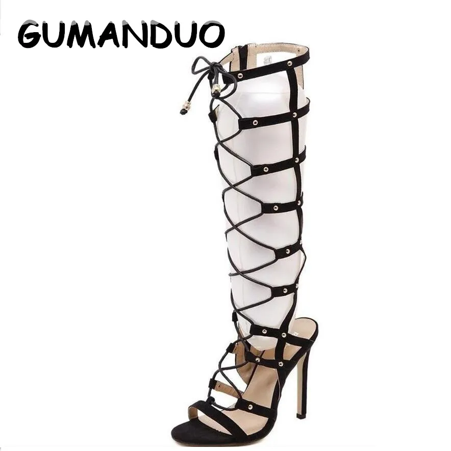 

GUMANDUO Valentine Shoes Women Hollow Suede Rivet High Heeled Sandals Cross Straps Knee High Boots Stiletto Gladiator Sandals
