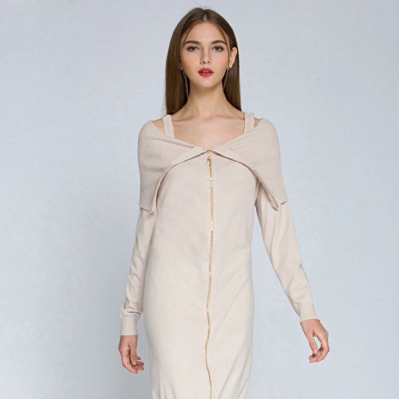 Women Sweater Dresses Zipper Placket Unique Adjustable Collar Long