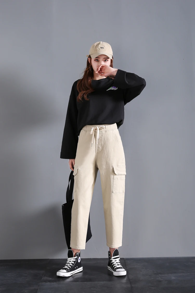 Однотонные брюки-карго Femme 2019 ботильоны Длина эластичный пояс Повседневные свободные штаны Высокая талия женские брюки SLBW-65-360