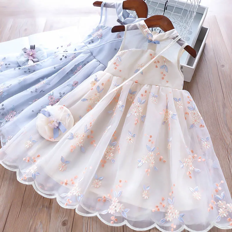 

2019 NEW !! Summer girl mesh dress / Embroidery flower / dress and bag 2 pcs set