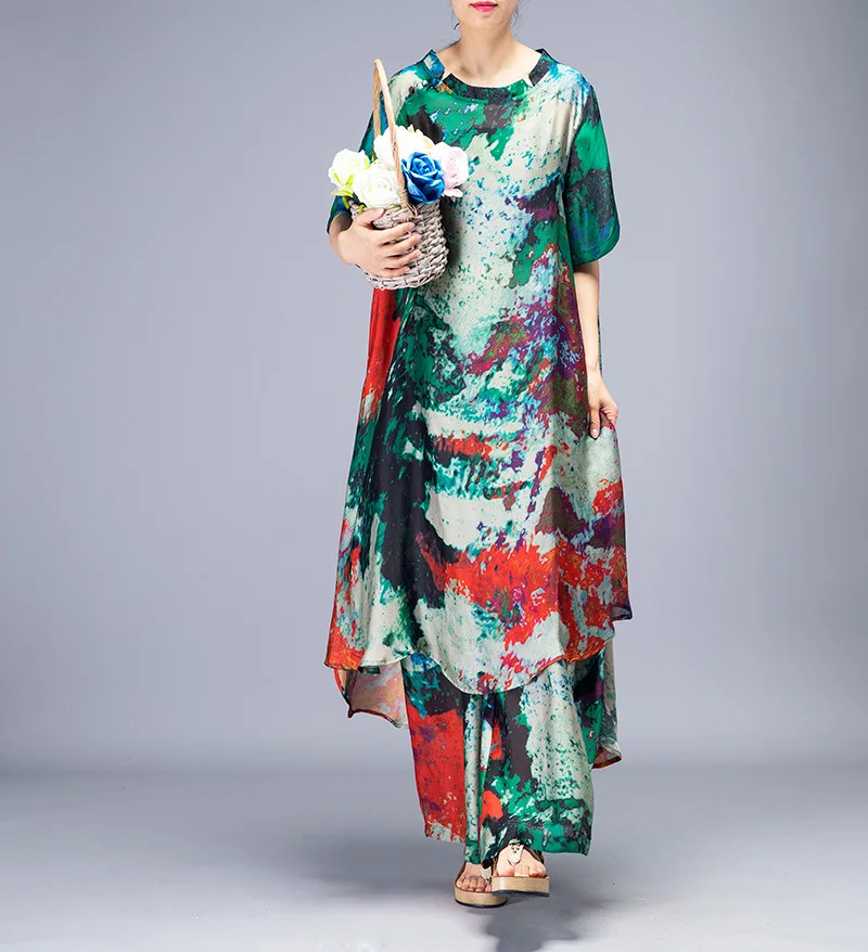 

High Quality Women's Silk Two Piece Sets Irregular Loose Top Elastic Waist Wide Leg Pants Chinese Style Vintage Print Clothes