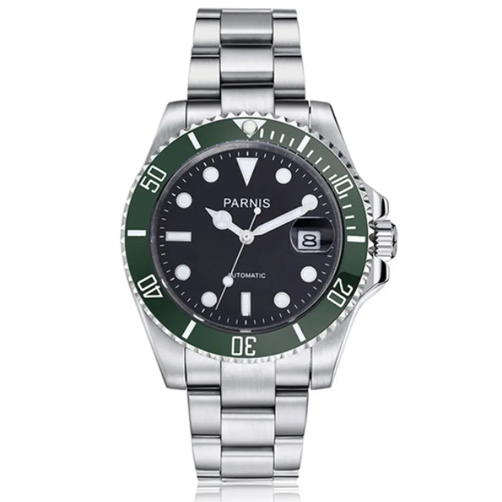 

40mm Parnis Black Dial Super Luminous Marks Sapphire Glass SS Top Luxury Brand Date Deployment Automatic Movement men's Watch