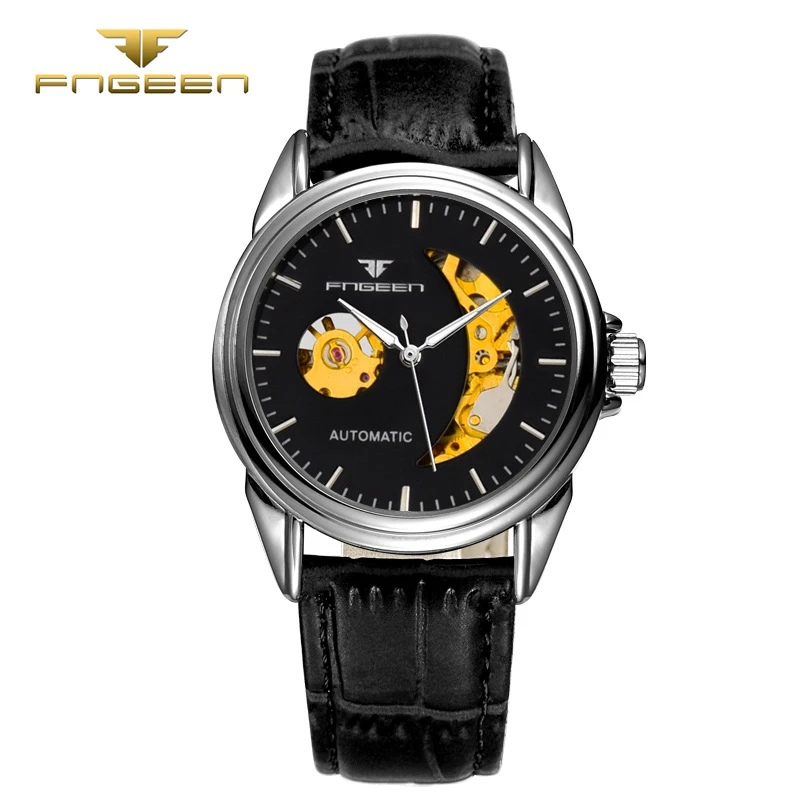 

FNGEEN 8802 Fashion black leather business wristwatch Automatic Men hollow Mechanical Watch top quality famous waterproof clock