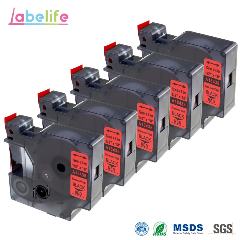 Labelife 5 Pack 18438 Black on Red 12mm For DYMO RhinoPRO IND Vinyl