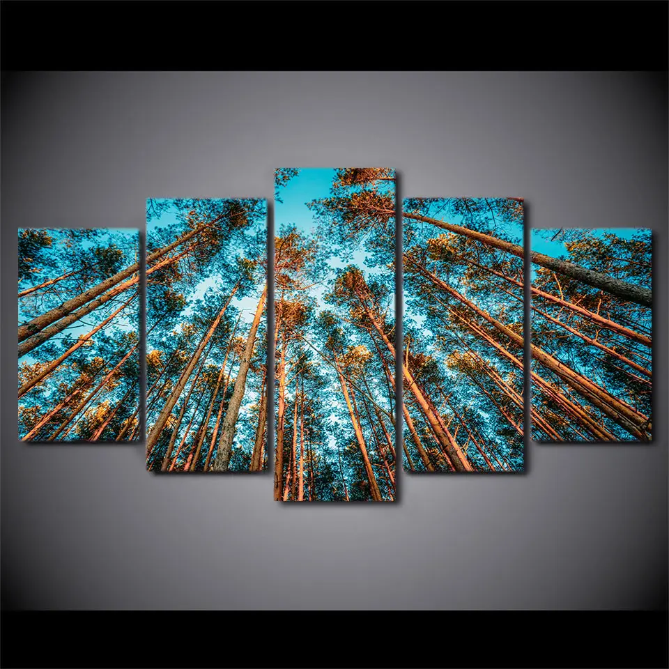 

5 Panel HD Printed Trees Forest Blue Sky Wall Art Pictures Home Decor Canvas Painting HD Printed Decoracion Hogar Moderno