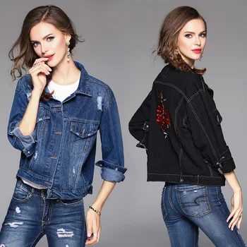 

Europe New 2018 Spring Womens Fashion Loose Pockets Vintage Washed Letter Embroidery Denim Jacket Ladies Jeans Short Coats Brand