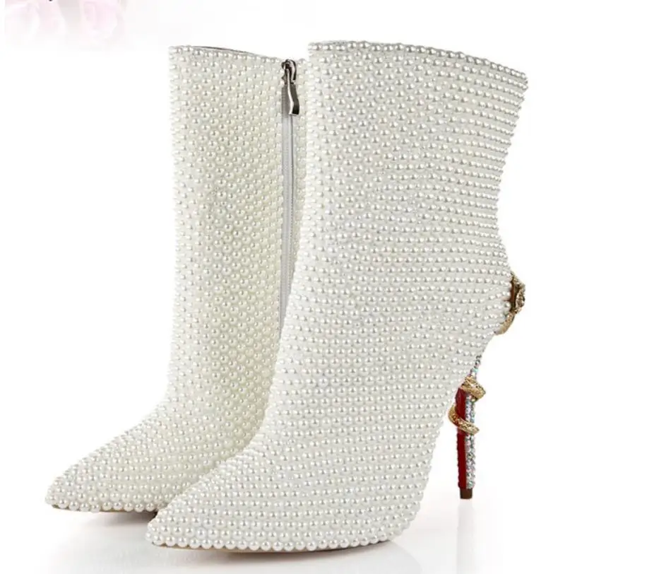 

2019 new sexy pearl metal snake with boots fashion pointed stiletto side nightclub high heels