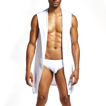 

Spring Men's New Fashion Sexy Underwear Bathrobe Nightgown Pure Color Sleeveless Lace Up Hooded Ropa Sexy Hombre Peignoir Homme
