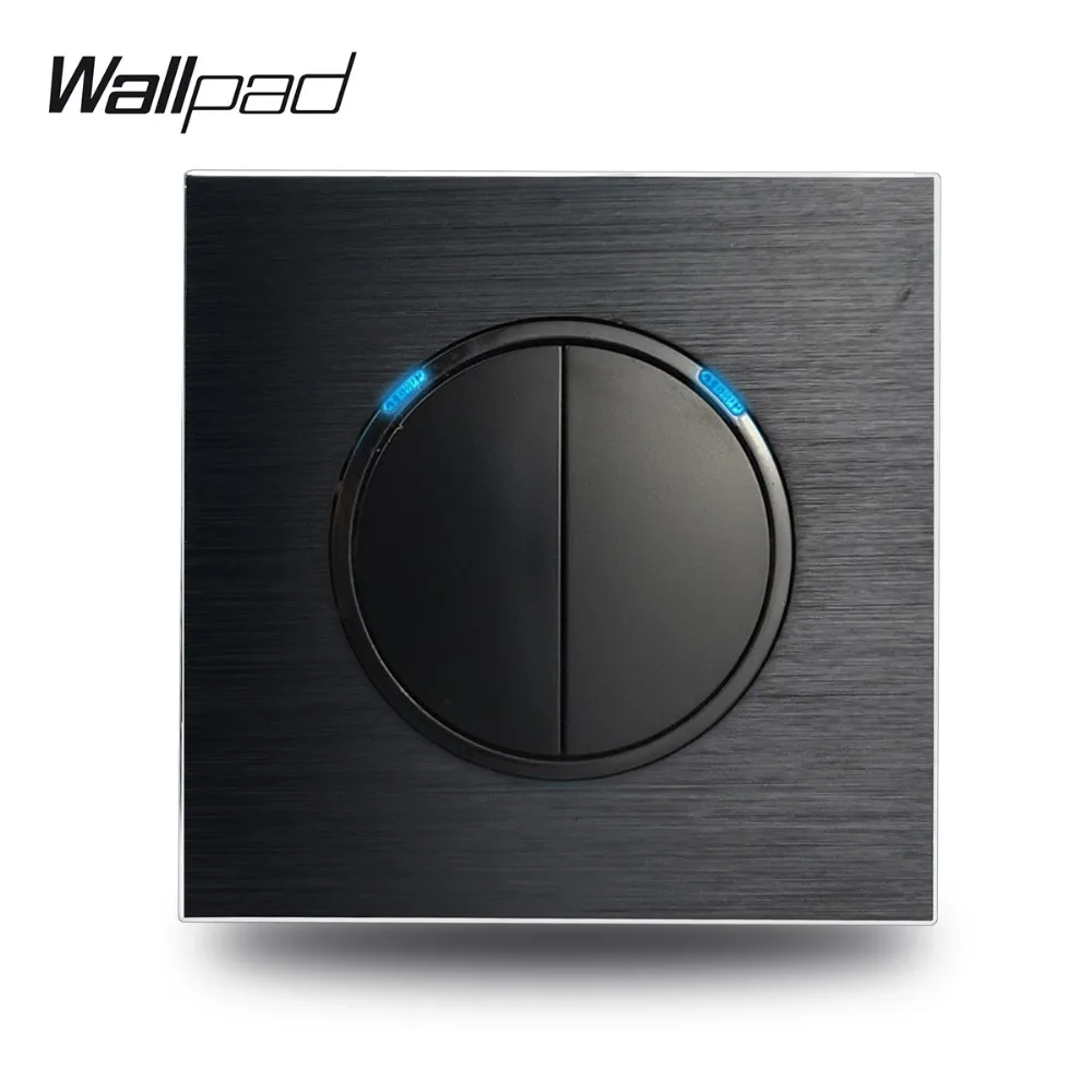 Wallpad L6 2 банды 1 способ атласный черный металлический настенный выключатель алюминиевая пластина случайный щелчок кнопка с синим светодиодный индикатор