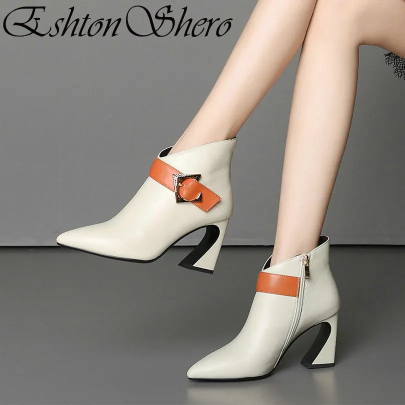 

EshtonShero Summer Women's Shoes Pumps Crystal Genuine Leather+PU Pointed Toe Hoof High Heel Ladies Wedding Shoes Size 34-39