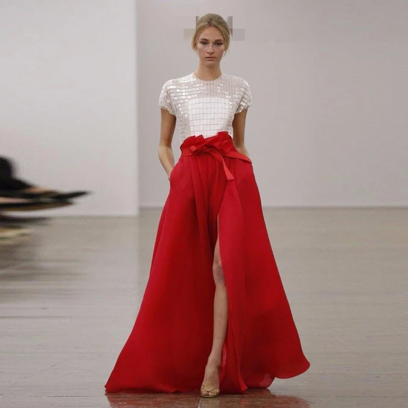 Faldas largas de satén con volantes Mujer, falda elegante de corte en A, con lateral color rojo, a la Moda, 2018|Faldas| - AliExpress