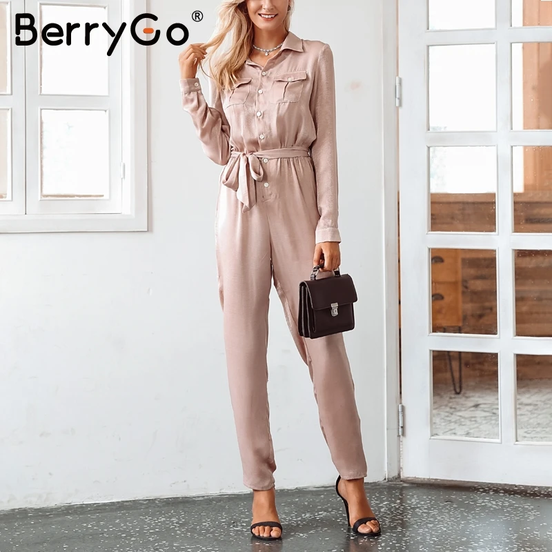 Женский комбинезон с поясом BerryGo Осенний сатиновый на кнопках длинным рукавом и