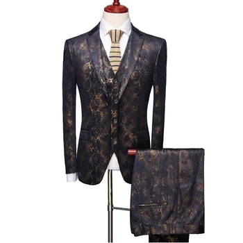 

4XL brand men's suit 3 piece set of high quality autumn male Blazer jacket with pants and vest wedding party