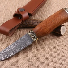 Охотничий дамасский нож с фиксированным лезвием, латунь+ деревянная ручка, тактический нож, многофункциональные ножи для выживания на открытом воздухе, прямые ножи кемпинг, EDC инструменты