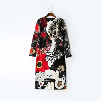 

Women Dresses 2019 High Quality Designer Runway O-Neck Long Sleeve Printed Sequins Hollow Out Slim Dress Vestidos DX181203