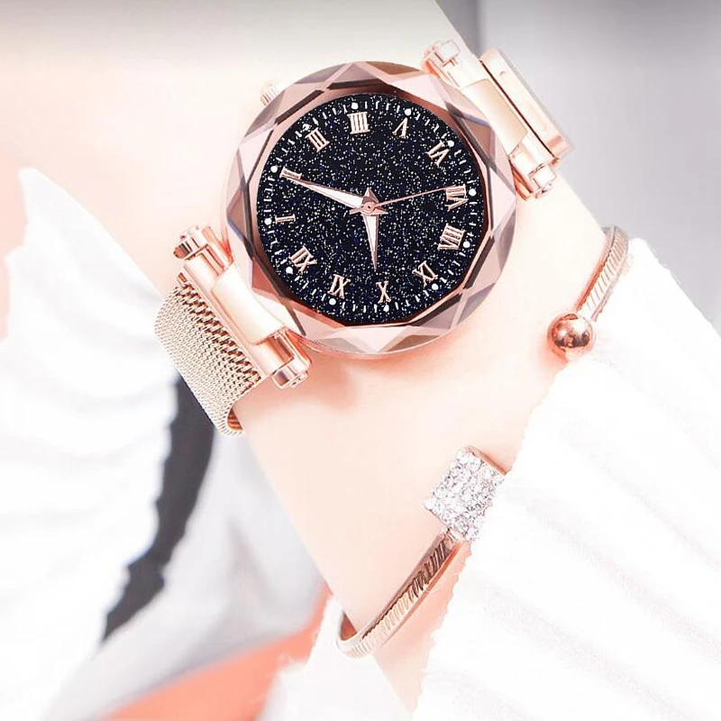 

Luxury Rose Gold Women Watches Minimalism Starry sky Magnet Buckle Fashion Casual Female Wristwatch Waterproof Roman Numeral