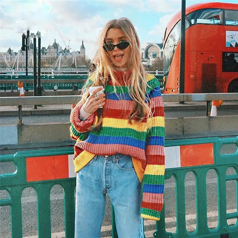HOT sell sweaters fashion 2018 women Multicolor Stripe Long Sleeve Turtleneck Knitted Sweater Blouse Pullover invierno A28#N (2)