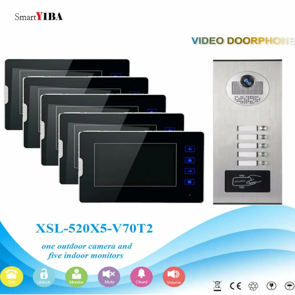 

SmartYIBA 5 Units Video Intercom Apartment Door Phone System Camera 7" Monitor video Doorbell withRFID Card Unlock for 5 House