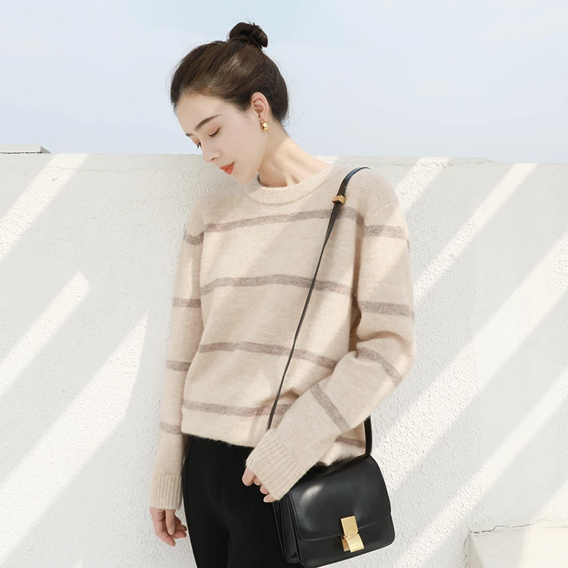 WHITE ISLAND Camel Color Round Neck Alpaca Wool Sweater
