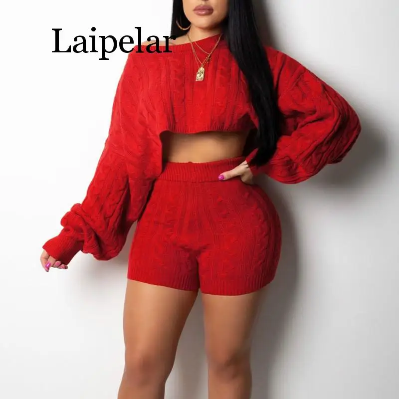 Laipelar 2 Two Piece Set Women Clothes Autumn Winter Outfits Long Sleeve Knit Sweater Tops+Bodycon Shorts Suit Sexy Matching Set