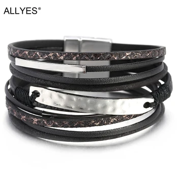 

ALLYES Leather Bracelet Women Jewelry 2019 Fashion Metal Bar Bohemian Multilayer Wrap Wide Bracelets & Bangles Jewelry Ladies