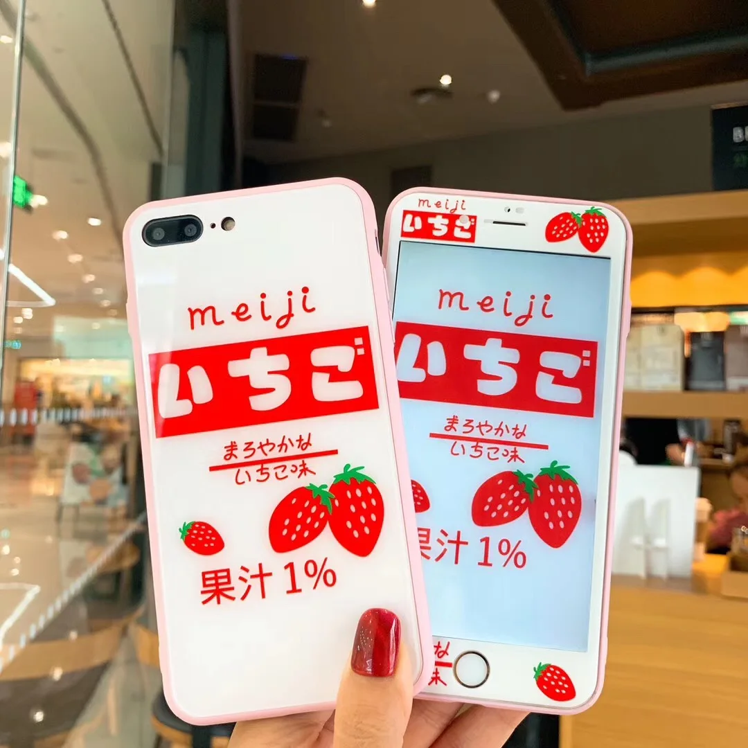 

Japanese Strawberry meiji Juice Milk Tempered Glass Case + Screen protector For iPhone 6 6s 7 8 Plus X XS MAX XR cute Coque Capa