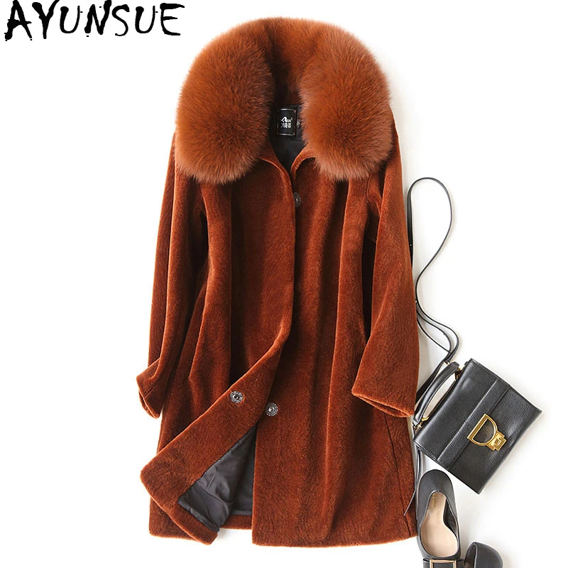 

AYUNSUE 2019 Natural Sheep Shearing Fur Coat With Real Fox Fur Collar Winter Jacket Women Medium Length Warm Overcoat 17168