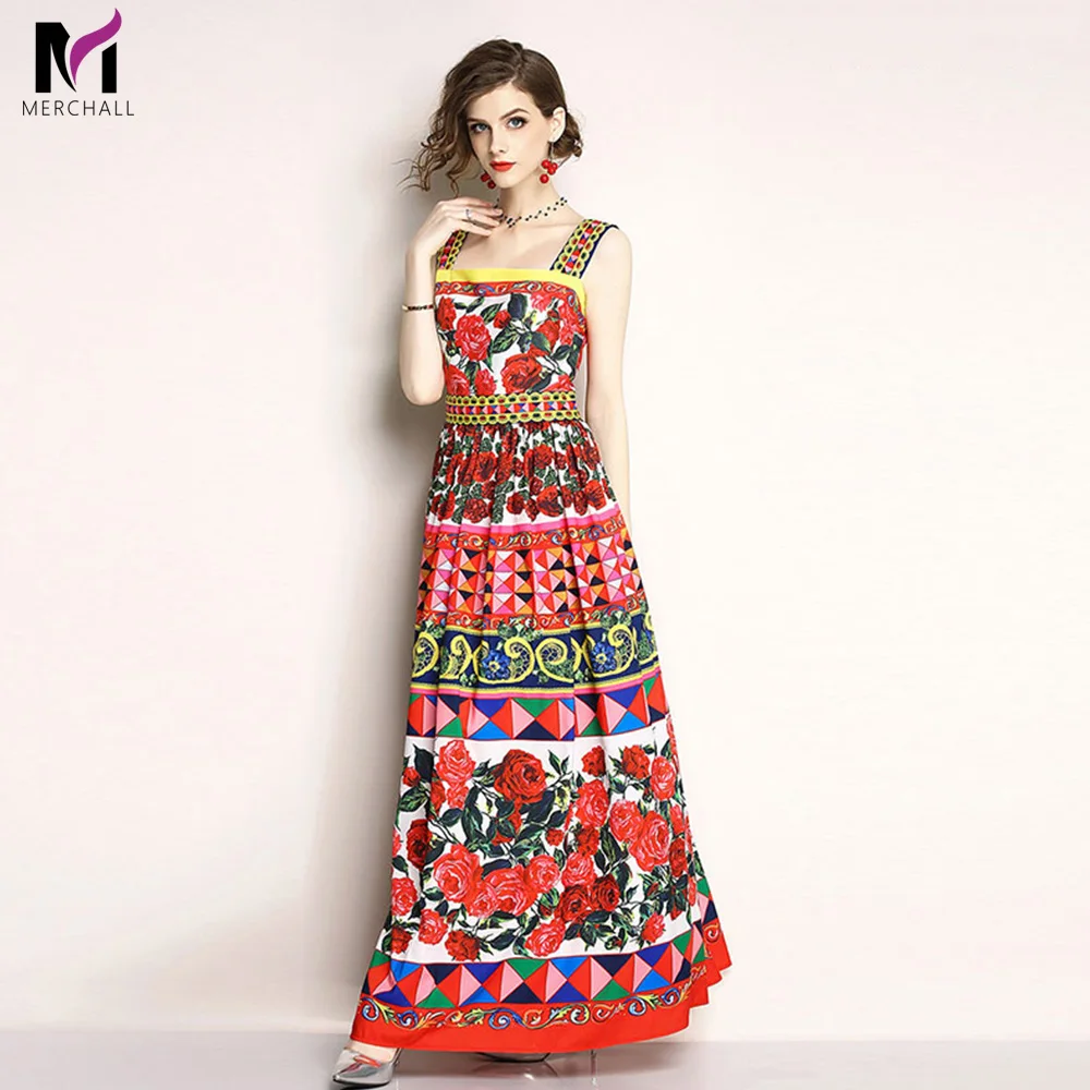 

Merchall High Quality 2019 Summer Women Runway Spaghetti Strap Dresses Multicolor Rose Floral Printed Pleated Dress Plus Size
