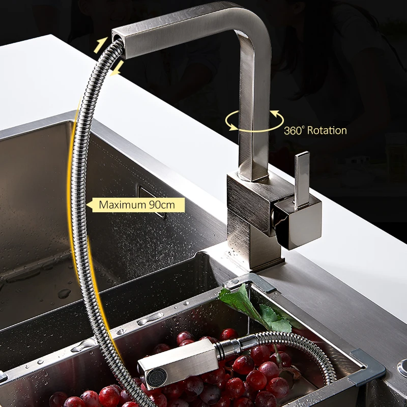 Quyanre матовый черный квадрат вытащить Кухня кран с одной ручкой смеситель кран 360 ротационный распылитель горячей и холодной воды кран смеситель, кран для раковины