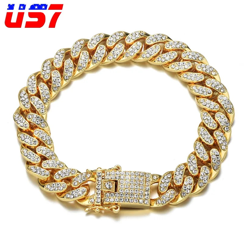 US7, Bling Iced Out, кубинская цепочка, полностью проложенный кристалл, мужской браслет, золотой, серебряный цвет, браслеты для мужчин, ювелирные изделия