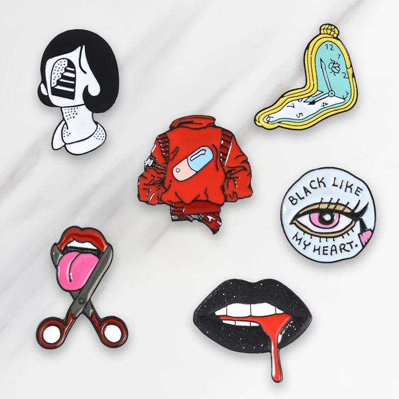 Punk Jean Clock Eye Enamel Brooch Woman face hole Lips Tongue Button Pin clothes Badge Dark series Jewelry Gift for Friends | Украшения и