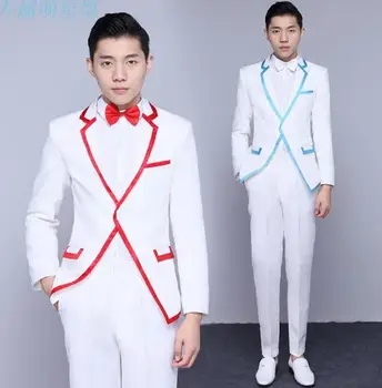 

Singer stage red blue flanger clothing for men suit set with pants 2020 mens wedding suits costume groom formal dress tie