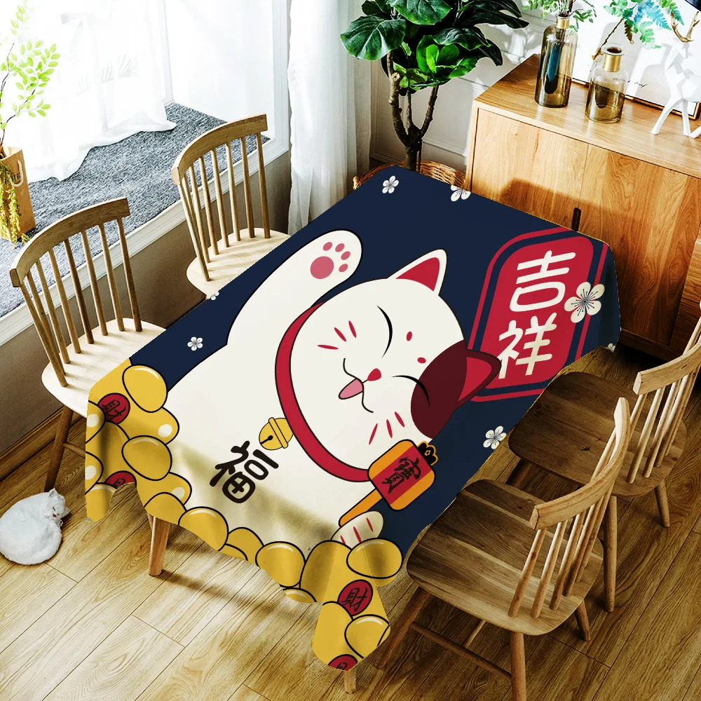  Cartoon Lucky Cat and Fish Printing Tablecloth Japanese Style Polyester Waterproof Table Cloth for 