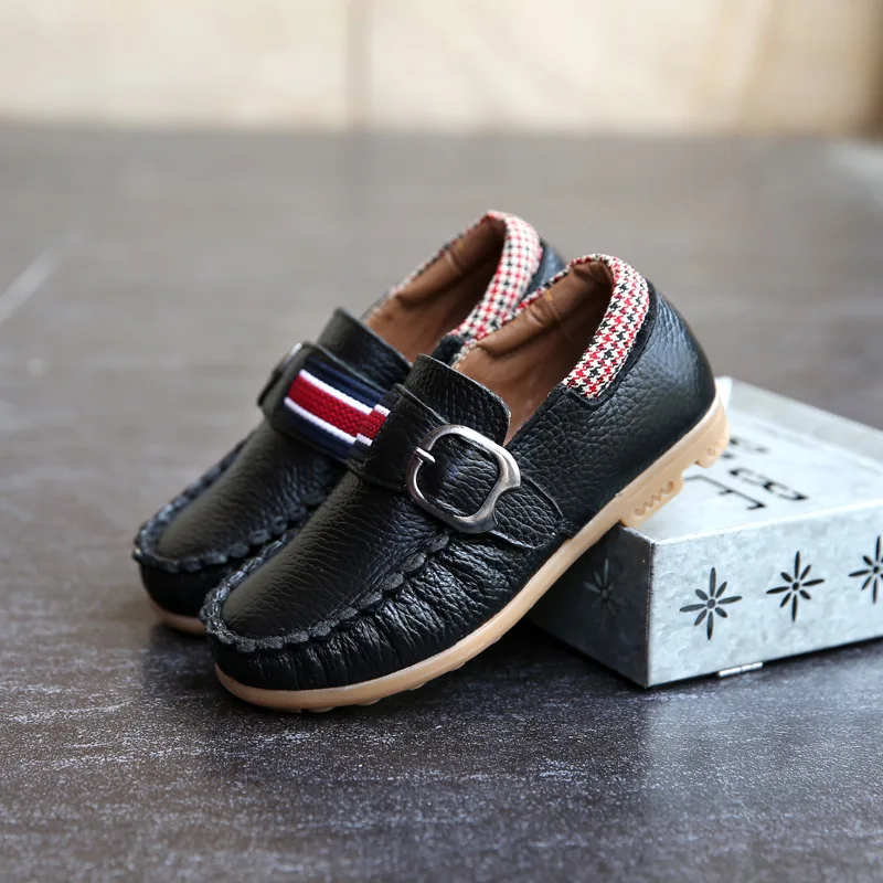 

2018 New Brand Kids Leather Shoes For Boys Leather Gentlemen British Shoes Striped White Black Brown Non Slip Vintage Flats