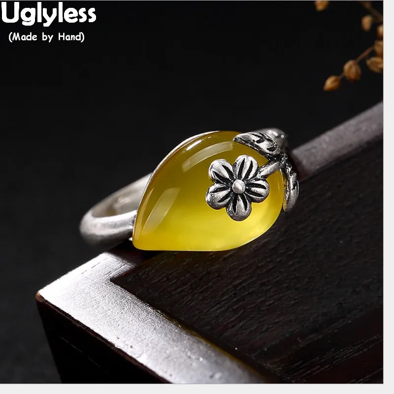 

Uglyless Real S 990 Silver Fine Jewelry Natural Chalcedony Waterdrop Opening Rings for Women Engraved Flower Ethnic Ring Bijoux