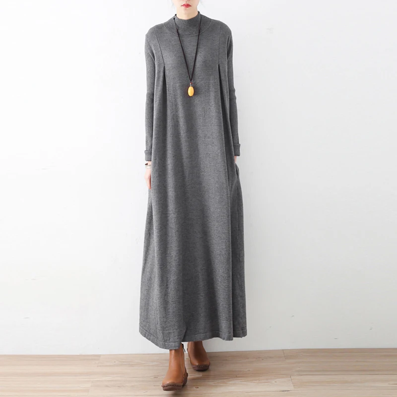 

Johnature Women Vintage Dress Autumn 2019 New Knit Wool Cotton Polyester Solid Loose Soft Turtleneck Warm Thick Brief Dresses