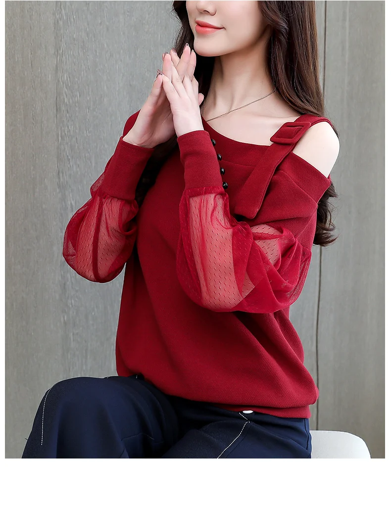 Осенняя рубашка с длинным рукавом Женская мода женские блузки осенний сексуальный топ с открытыми плечами плотная блузка рубашка женская одежда 902B3