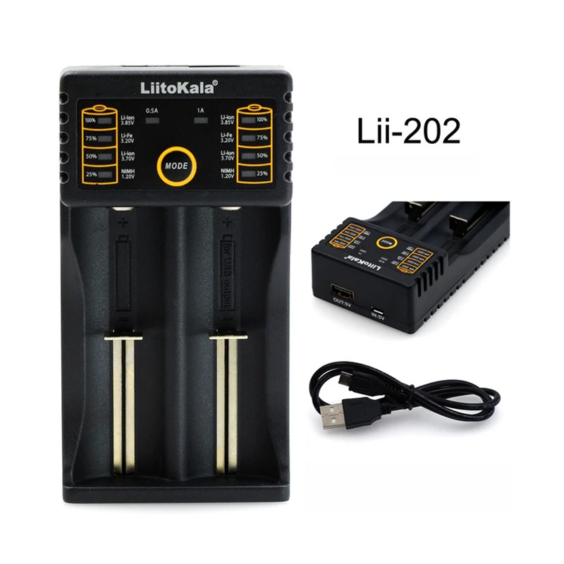 

Liitokala Lii202 18650 Battery Charger 1.2V / 3.0V / 3.7V / 3.85V 0.5A/1A NiMH Li-ion 26650 Battery Smart Charger with Plug