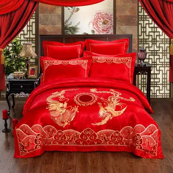 

Luxury Jacquard Embroidery Bedding Set King Queen Size High Quality Traditional Chinese Dragon Phoenix Red Wedding Duvet Covers