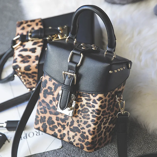 Personality Fashion Vintage Leopard Box Shape Handbag Rivets Personality Fashion Vintage Leopard Box Shape Handbag Rivets Shoulder Bag Las Casual Totes Crossbody Messenger