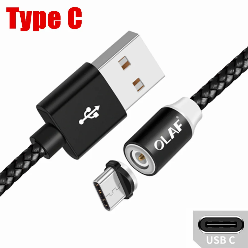 Олаф 2 м 1 м Магнитный кабель в оплетке светодиодный USB C Тип C Micro USB кабель магнитные кабели для зарядки для iPhone samsung Xiaomi телефонный шнур - Цвет: Black Type C Cable