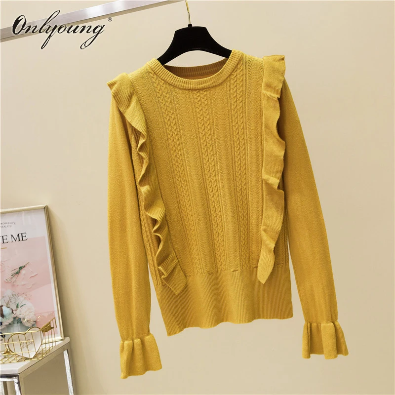 

Onlyoung 2018 Autumn Winter Pull Femme Women Sweater Knitted Pullover Long Sleeve Ruffle Basic Sweater Casual Jumper