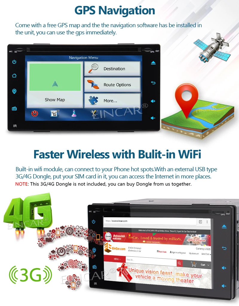 Discount Eincar 6.2" Touch Screen Car Stereo Android 7.1 2 Din Car DVD Multimedia Player Support GPS Navigation WIFI Cam-In+Rear Camera 7