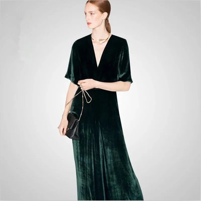 

2019 Autumn Velvet Long Dress Women Deep V-Neck Half Sleeves Slim Fit Vintage Elegant Party Maxi Dress Vestido Plus Size S-7XL