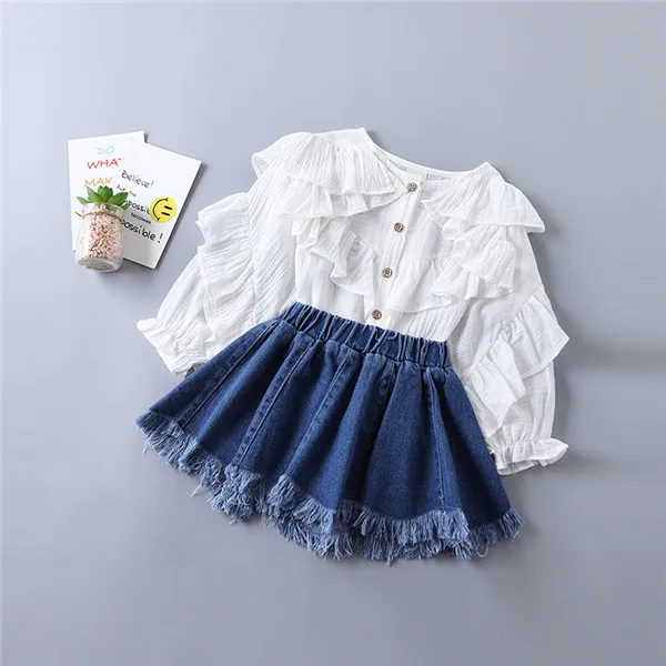 Комплект для девочек, детский комплект одежды, детская хлопковая комбинированная блузка+ джинсовая юбка, комплект принцессы из 2 предметов, летняя одежда для маленьких девочек 2-6 лет - Цвет: set