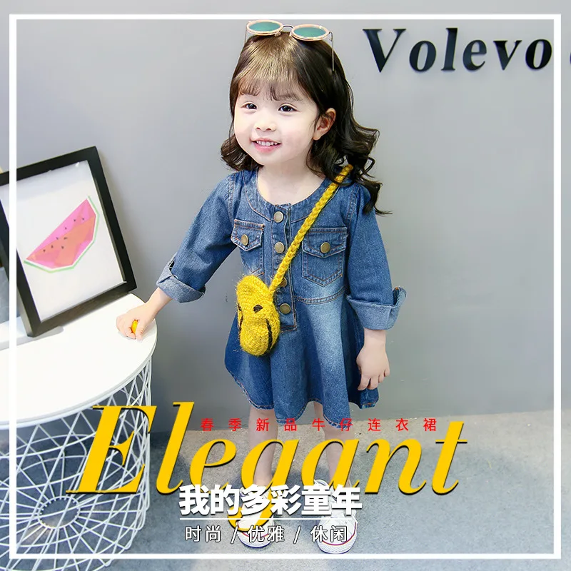  Baby Kids Girl Clothing 2019 Denim Dresses Jean Long Sleeve Belt Cute Casual Party Shirt Dress Todd