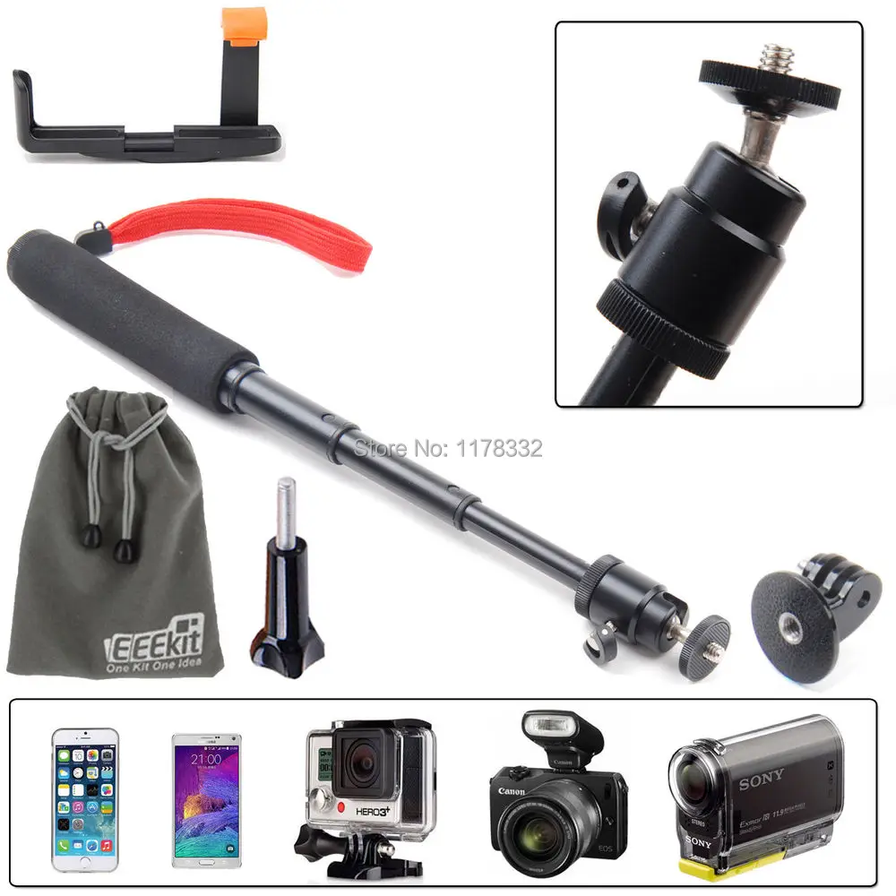

3-Way Monopod + Tripod Mount adapter + Adjustable Phone Holder for Gopro Hero 4 Action Cam HDR-AS20/15/100V/10